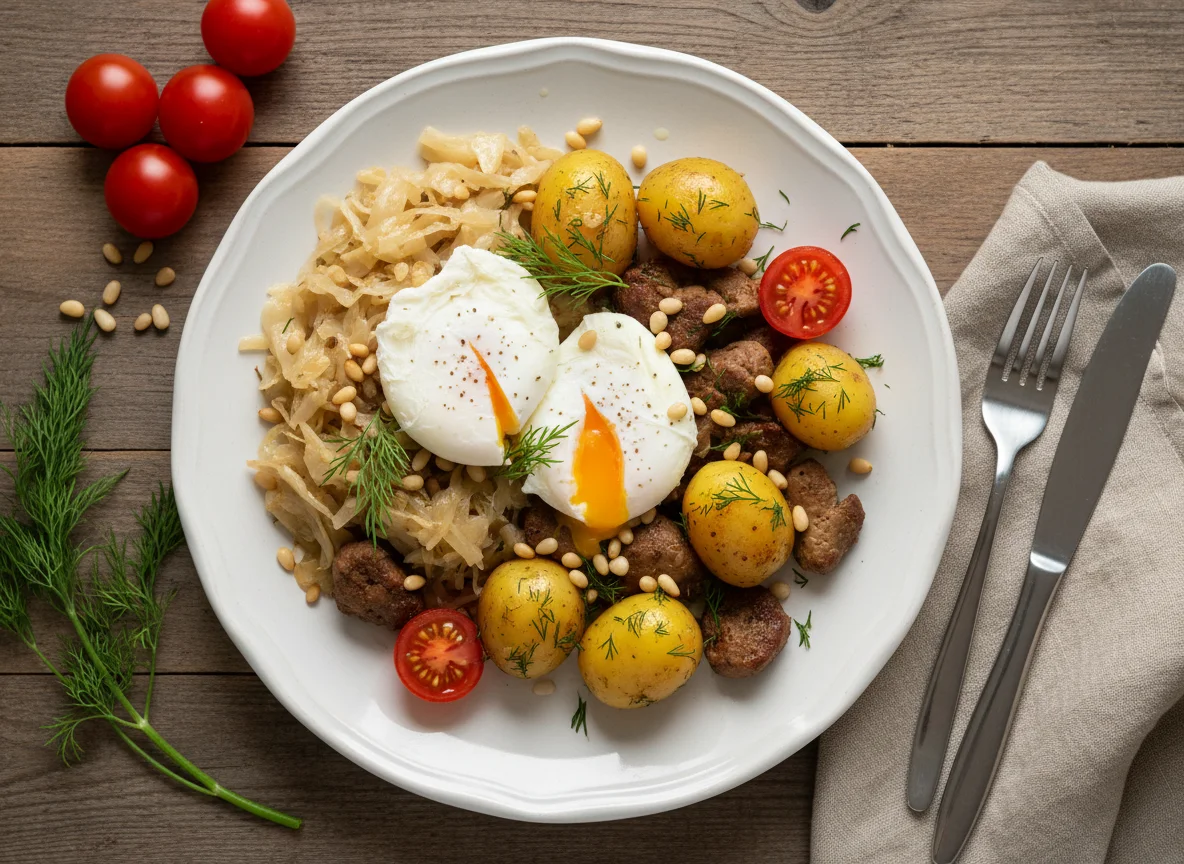 Завтрак с яйцами, овощами и печенью photo