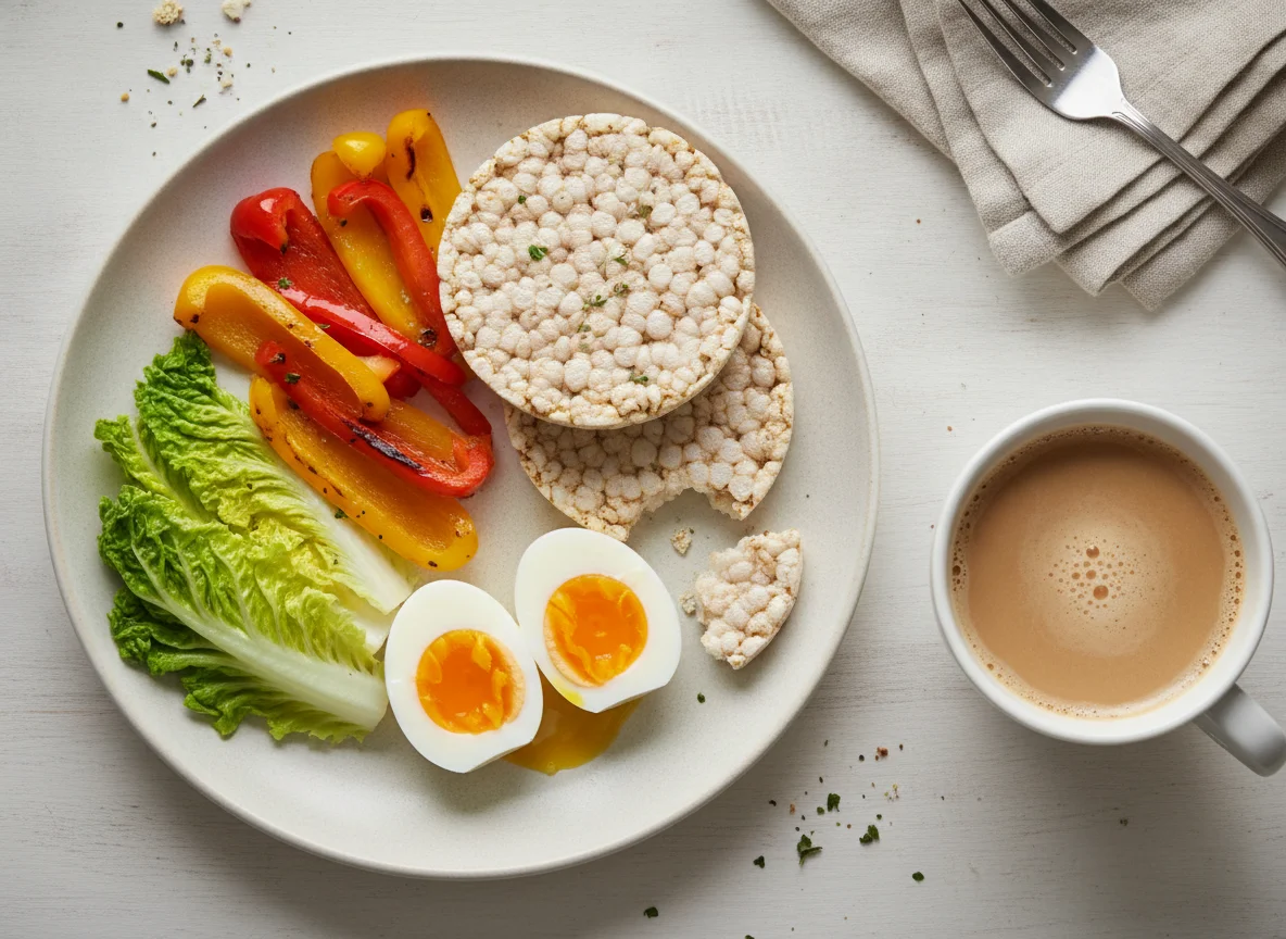 Завтрак с яйцами, овощами и рисовым хлебцем photo