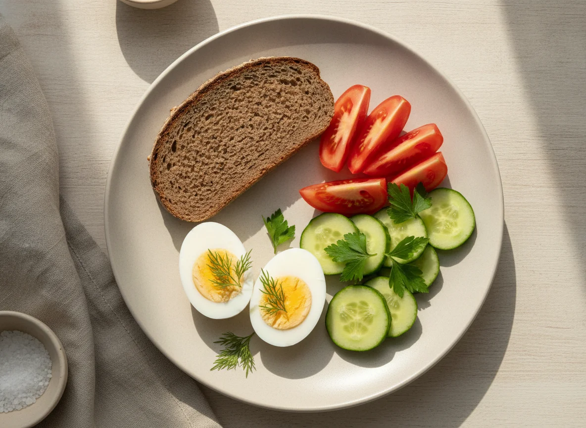 Завтрак с яйцами, овощами и ржаным хлебом photo