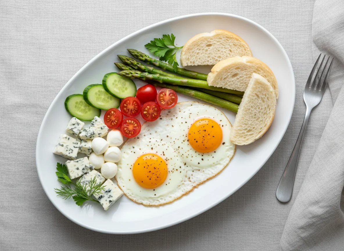 Завтрак с яйцами, овощами и сыром photo