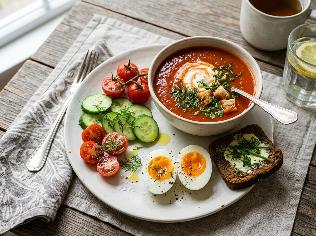Завтрак с яйцами, овощами и томатным супом photo