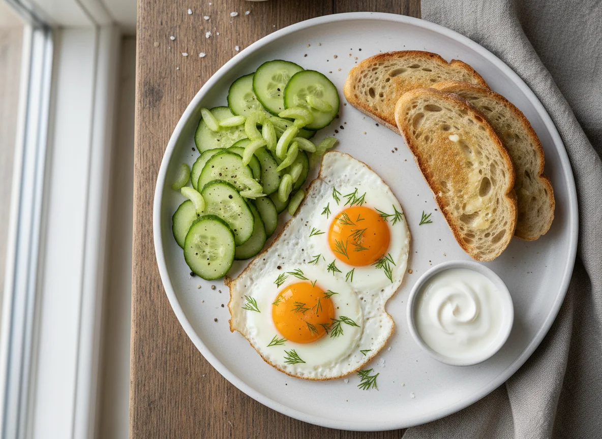 Завтрак с яйцами, овощами и тостом photo
