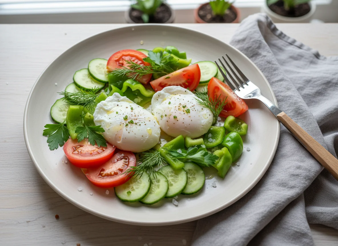 Завтрак с яйцами пашот и овощами photo