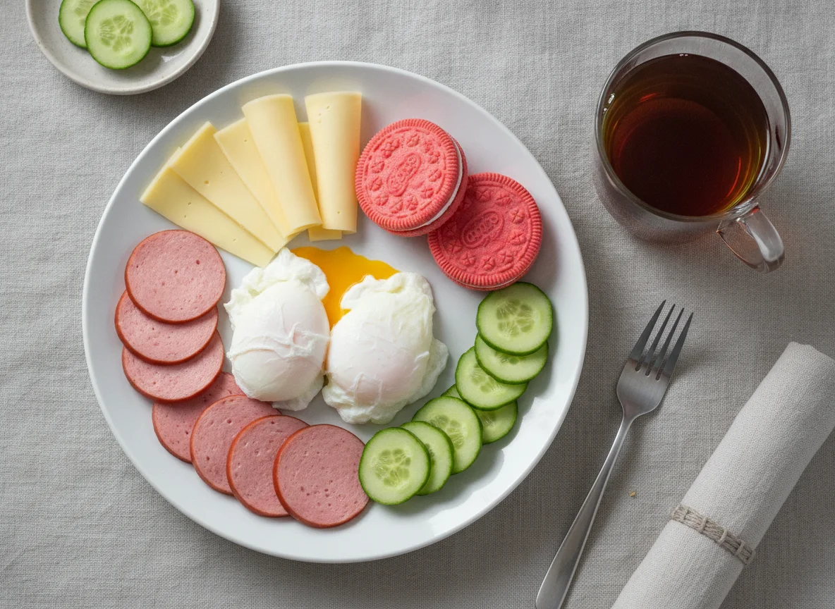 Завтрак с яйцами пашот, колбасой, сыром, огурцами и печеньем photo