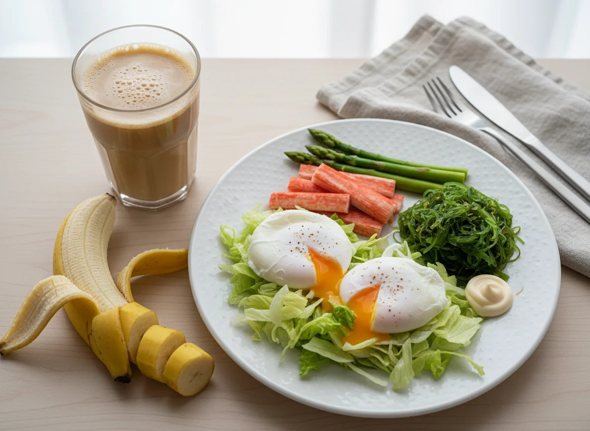 Завтрак с яйцами пашот, крабовыми палочками и салатом photo