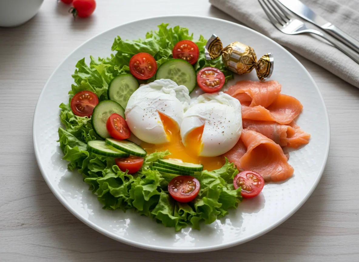 Завтрак с яйцами пашот, лососем и овощами photo