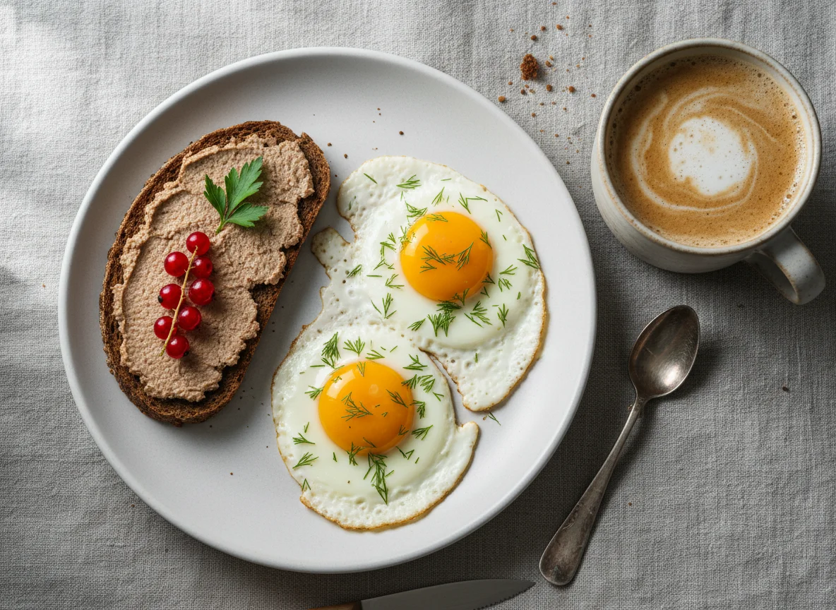 Завтрак с яйцами, паштетом и кофе photo