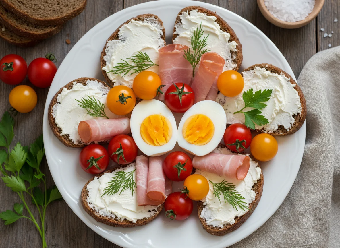 Завтрак с яйцами, помидорами и хлебом photo