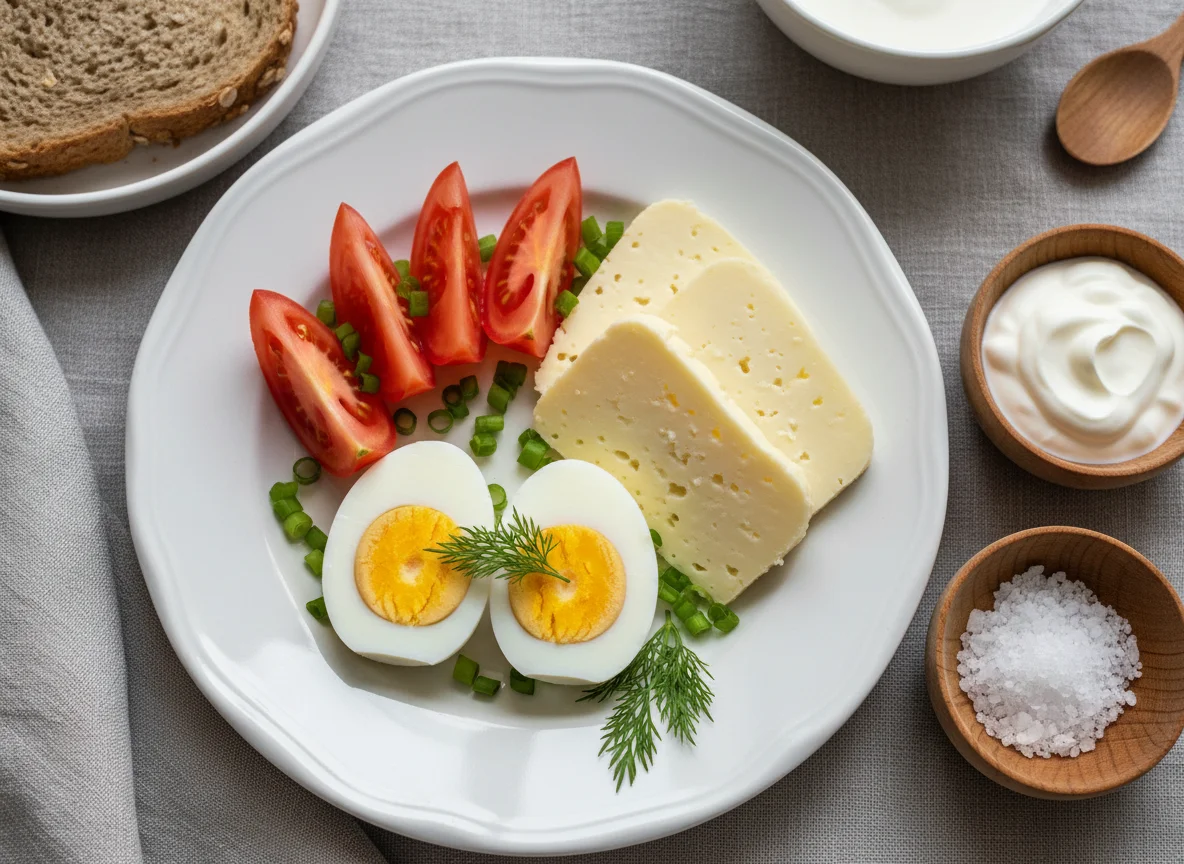 Завтрак с яйцами, помидорами и сыром photo