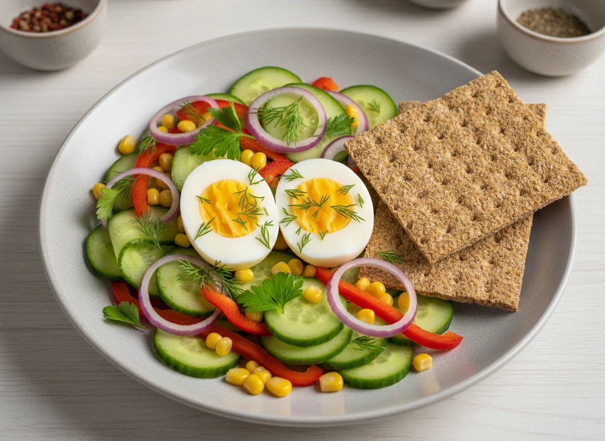 Завтрак с яйцами, салатом и хлебцами photo