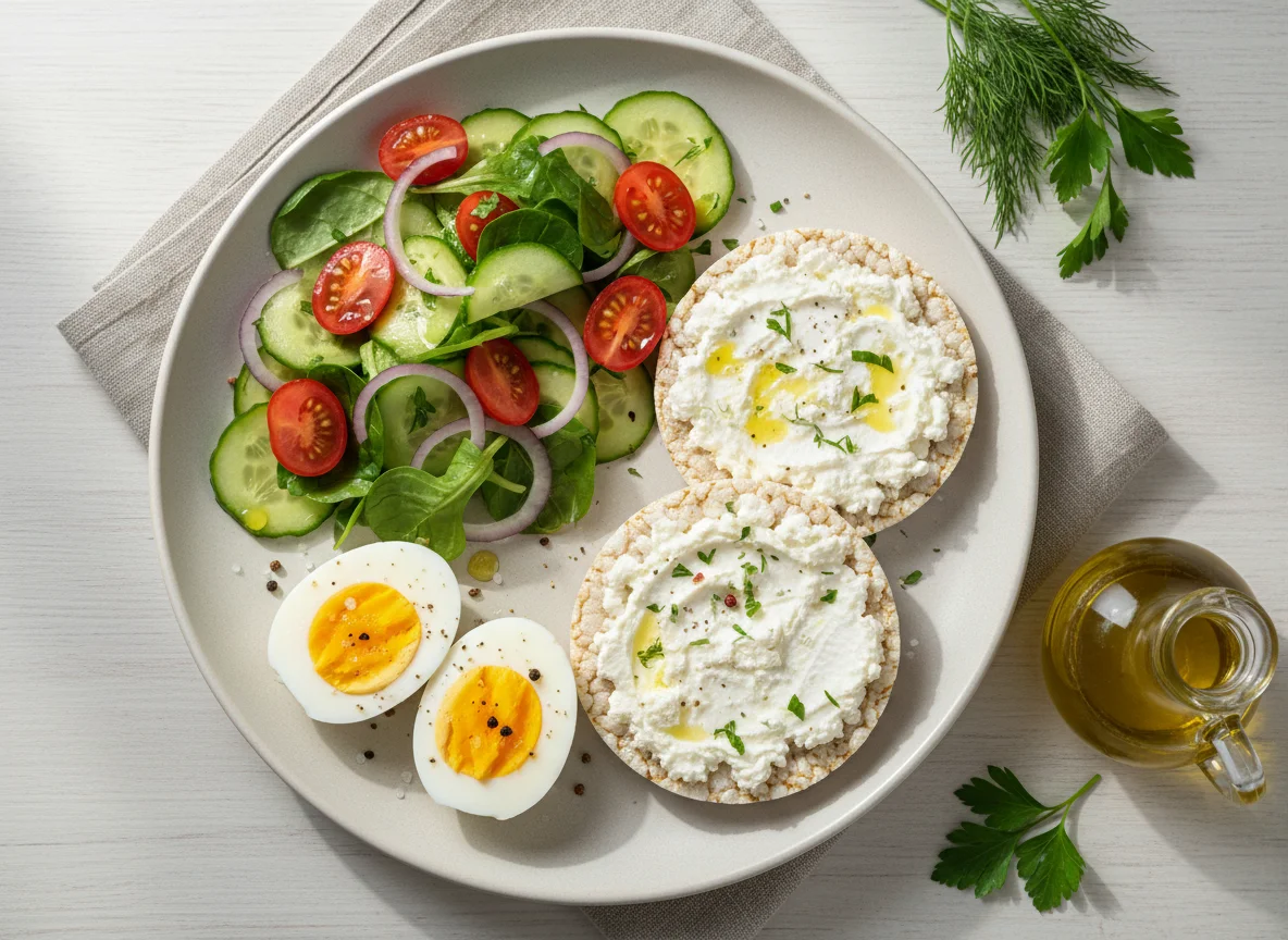 Завтрак с яйцами, салатом и хлебцем photo