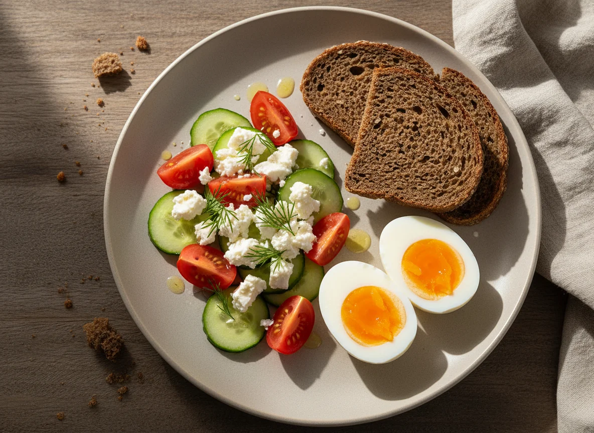 Завтрак с яйцами, салатом и хлебом photo
