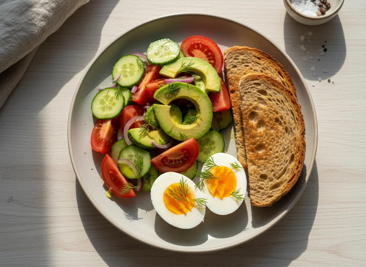 Завтрак с яйцами, салатом и тостами photo