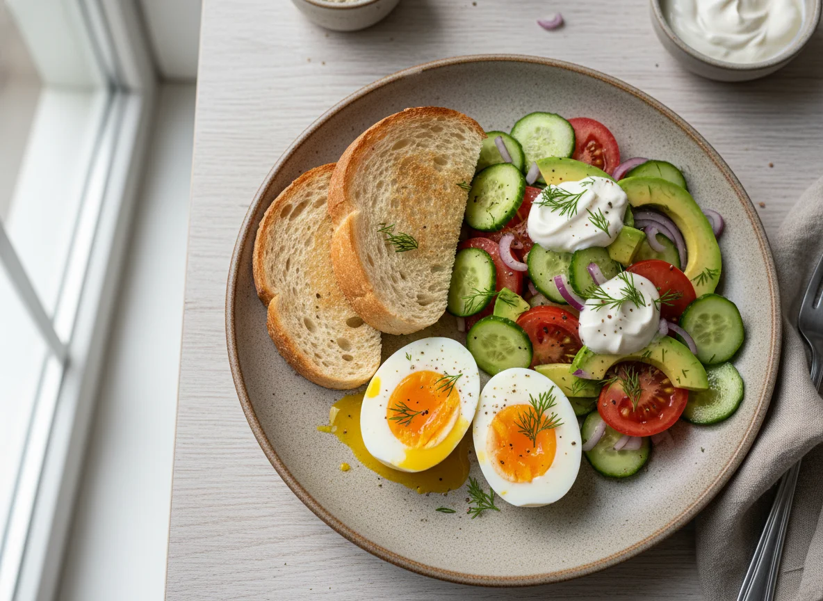Завтрак с яйцами, салатом и тостом photo