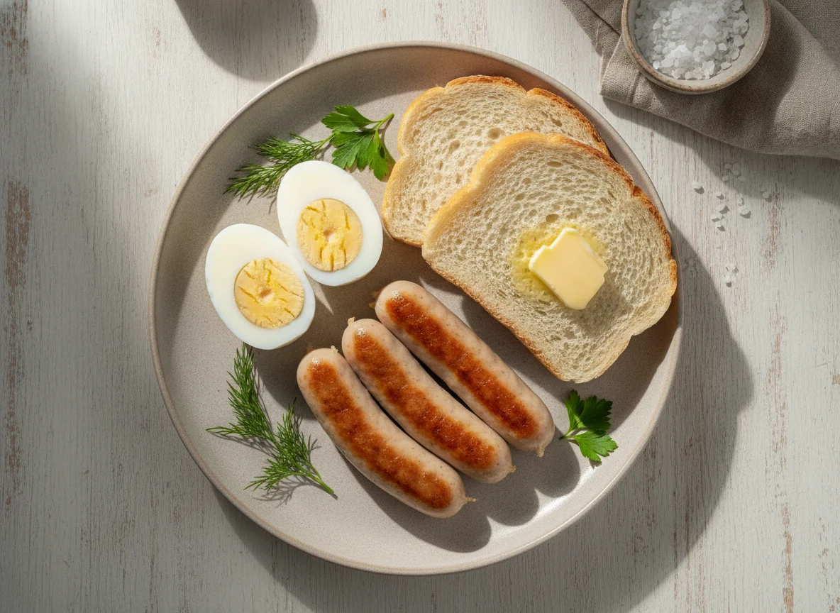 Завтрак с яйцами, сосисками и хлебом photo
