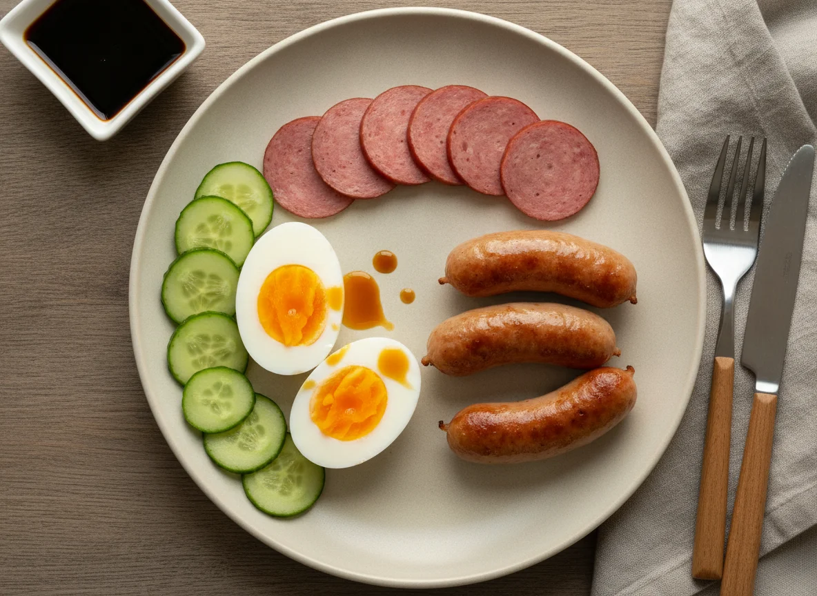 Завтрак с яйцами, сосисками и огурцом photo