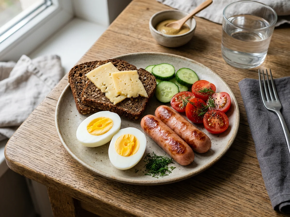 Завтрак с яйцами, сосисками, сыром и овощами photo