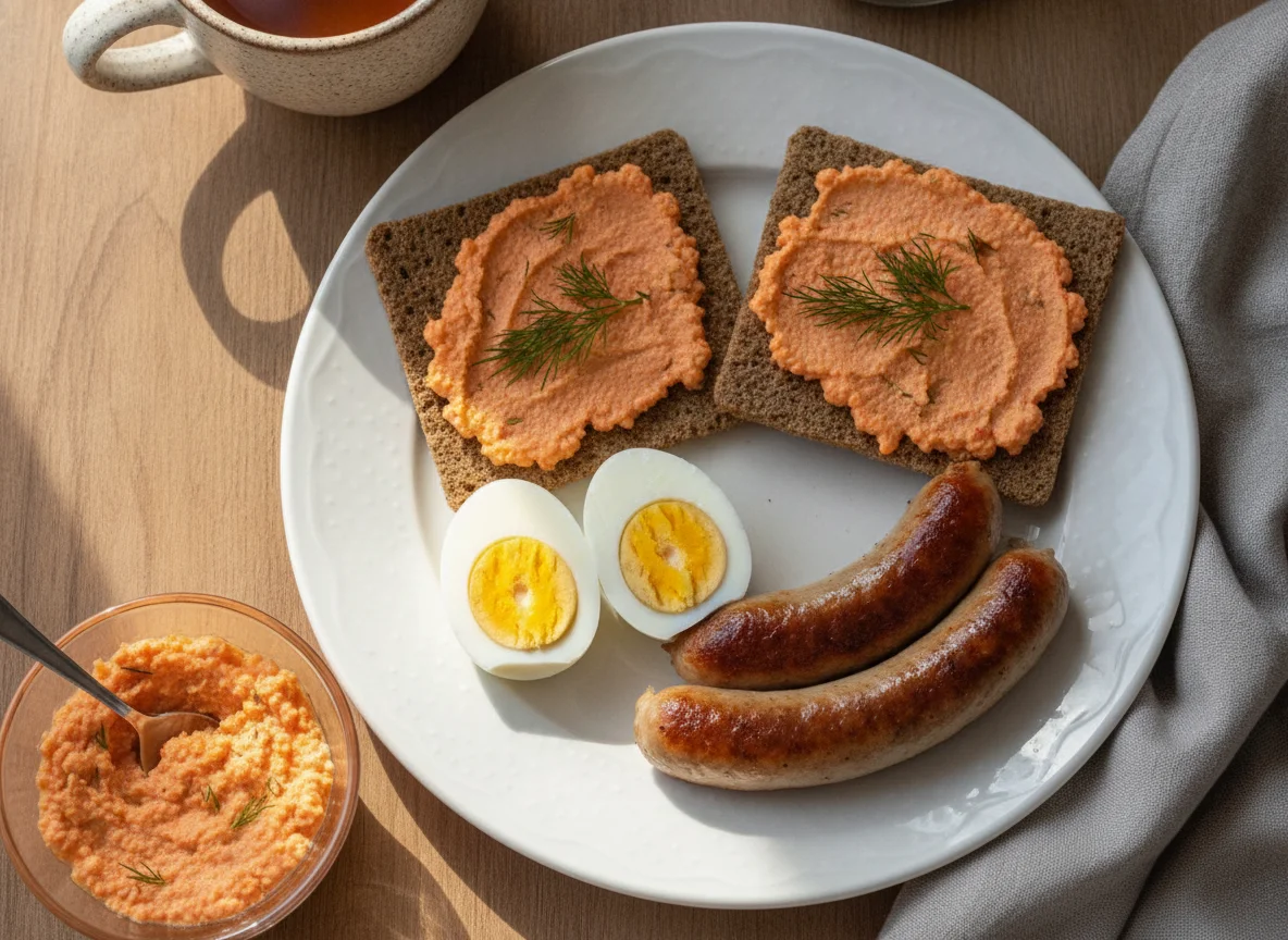 Завтрак с яйцами, сосиской и хлебцем с икрой photo