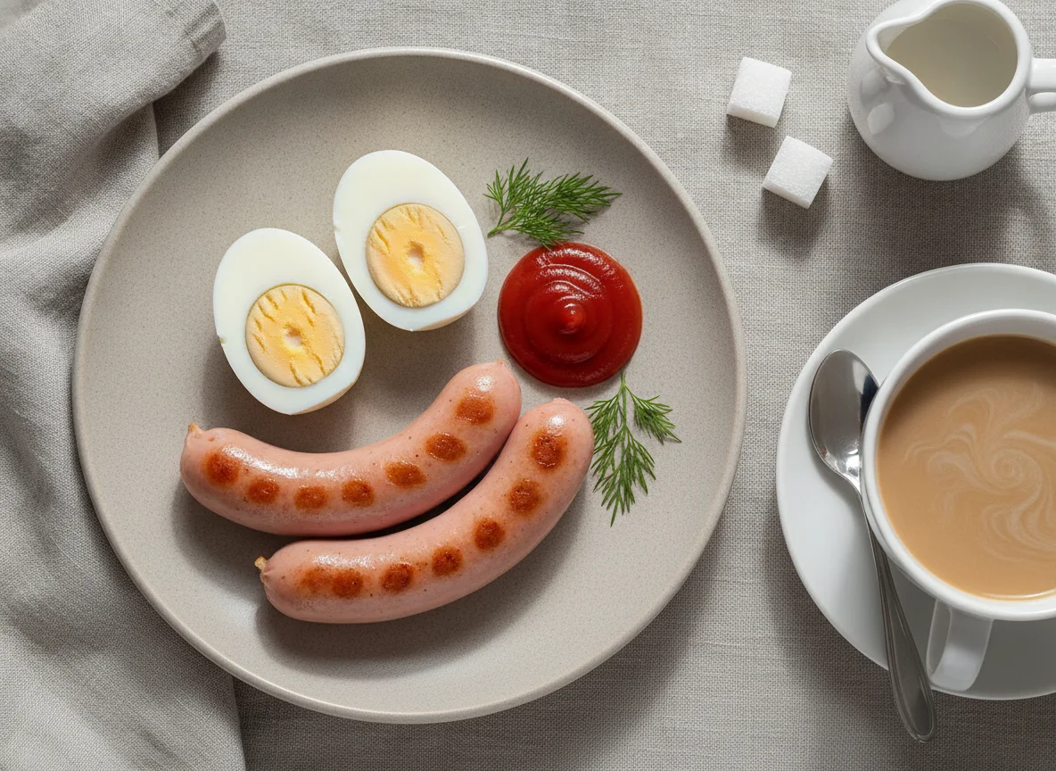 Завтрак с яйцами, сосиской и кофе photo