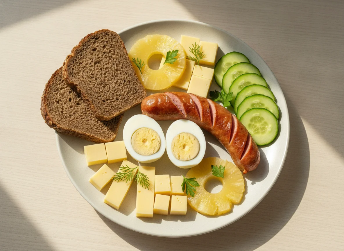Завтрак с яйцами, сосиской, сыром и фруктами photo