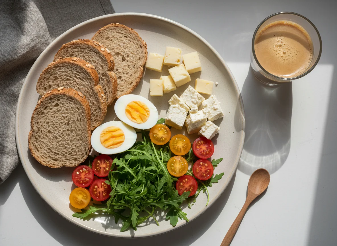 Завтрак с яйцами, сыром, хлебом и салатом photo