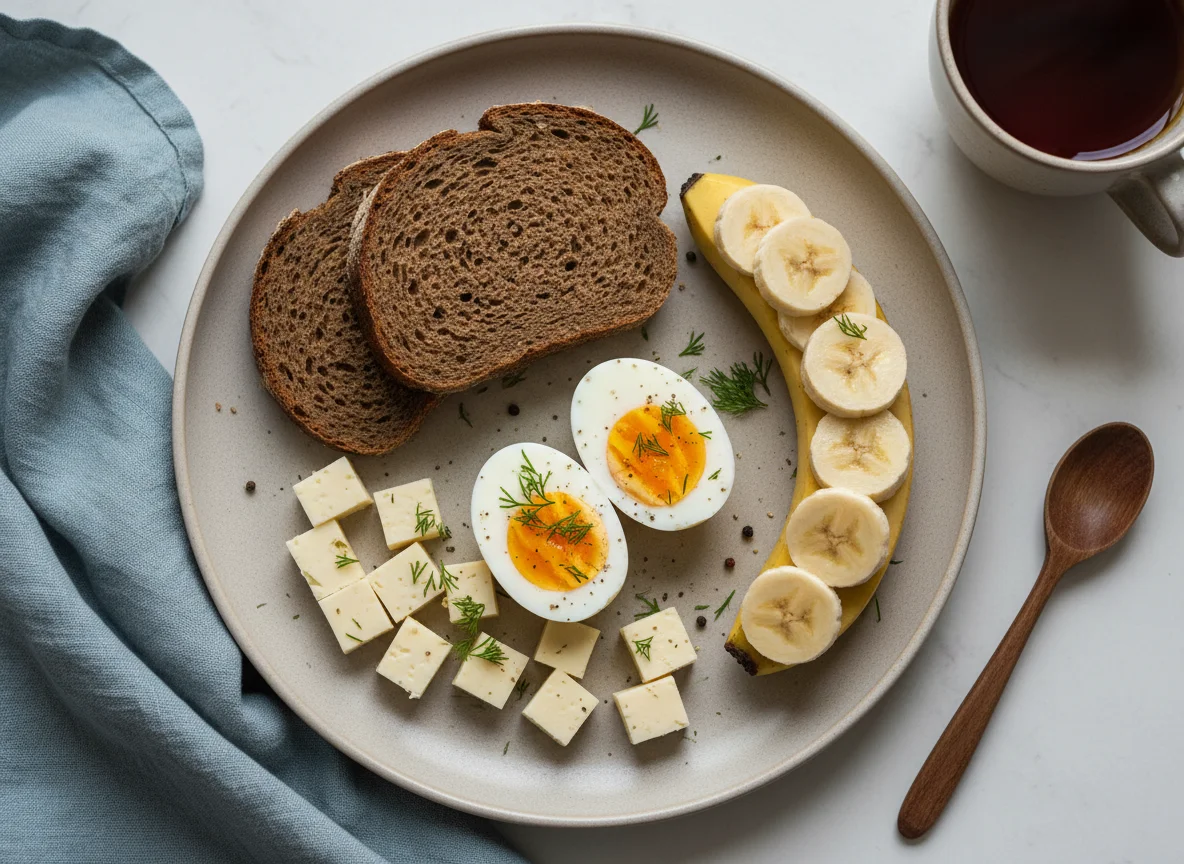 Завтрак с яйцами, сыром и бананом photo