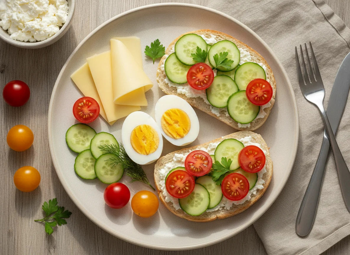 Завтрак с яйцами, сыром и бутербродами photo