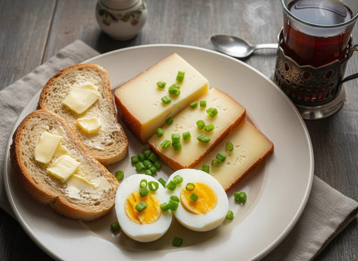 Завтрак с яйцами, сыром и чаем photo