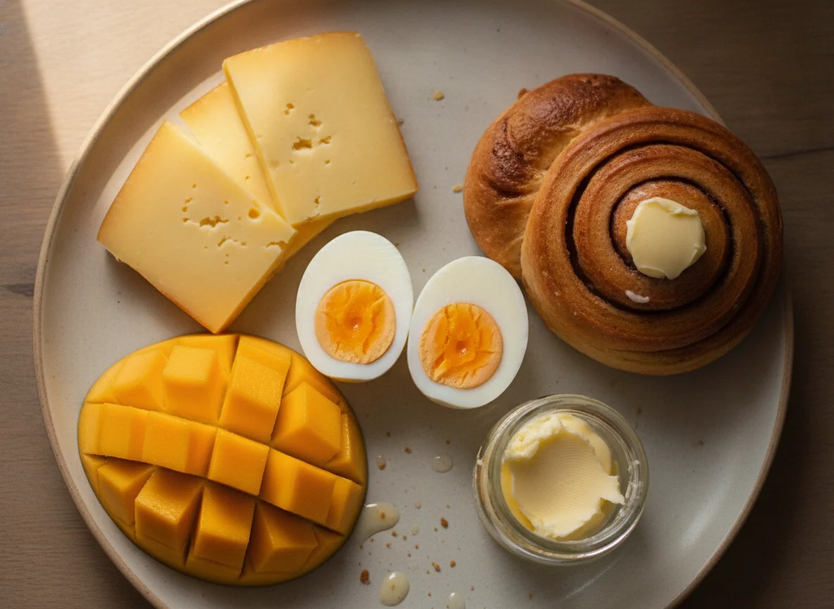 Завтрак с яйцами, сыром и фруктами photo