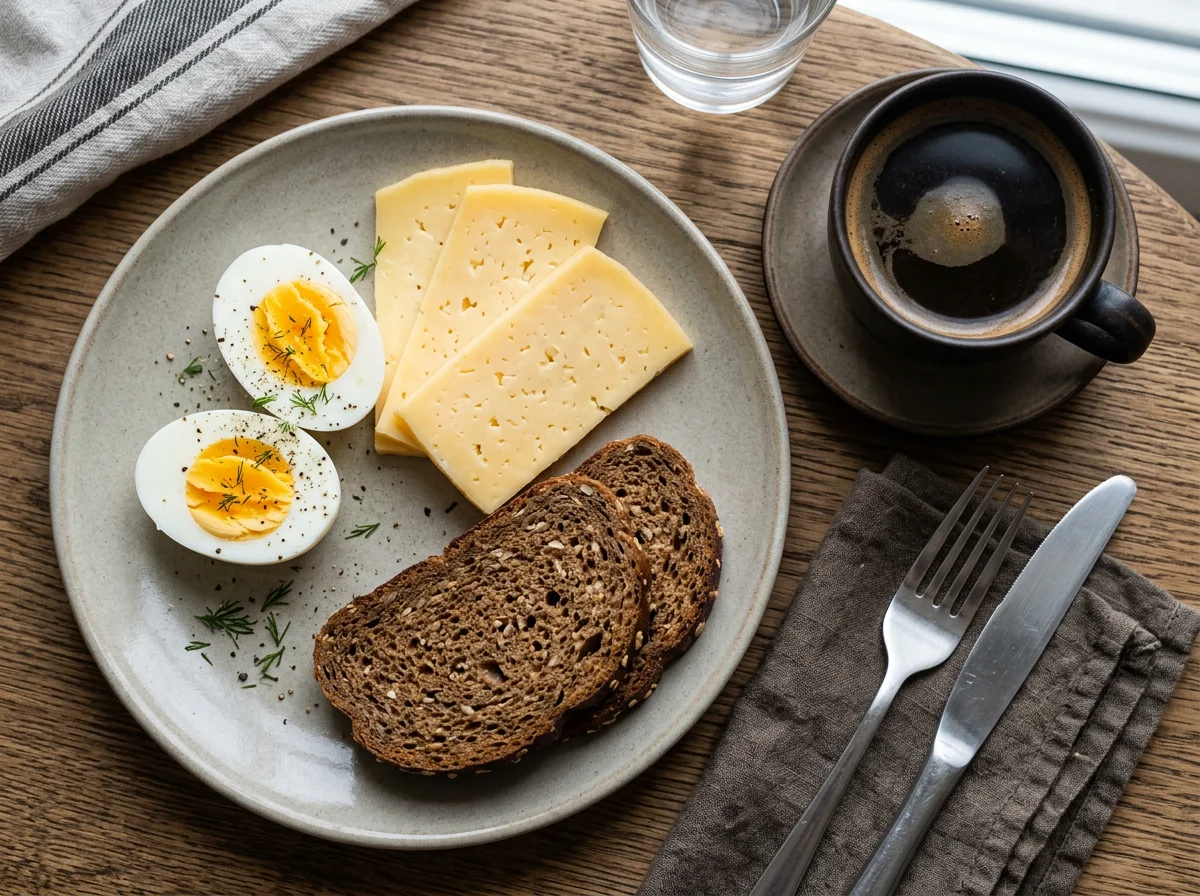 Завтрак с яйцами, сыром и кофе photo