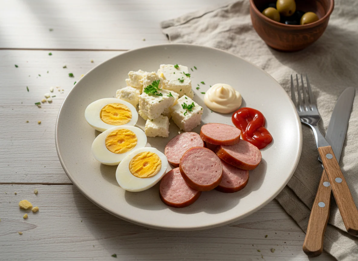 Завтрак с яйцами, сыром и колбасой photo