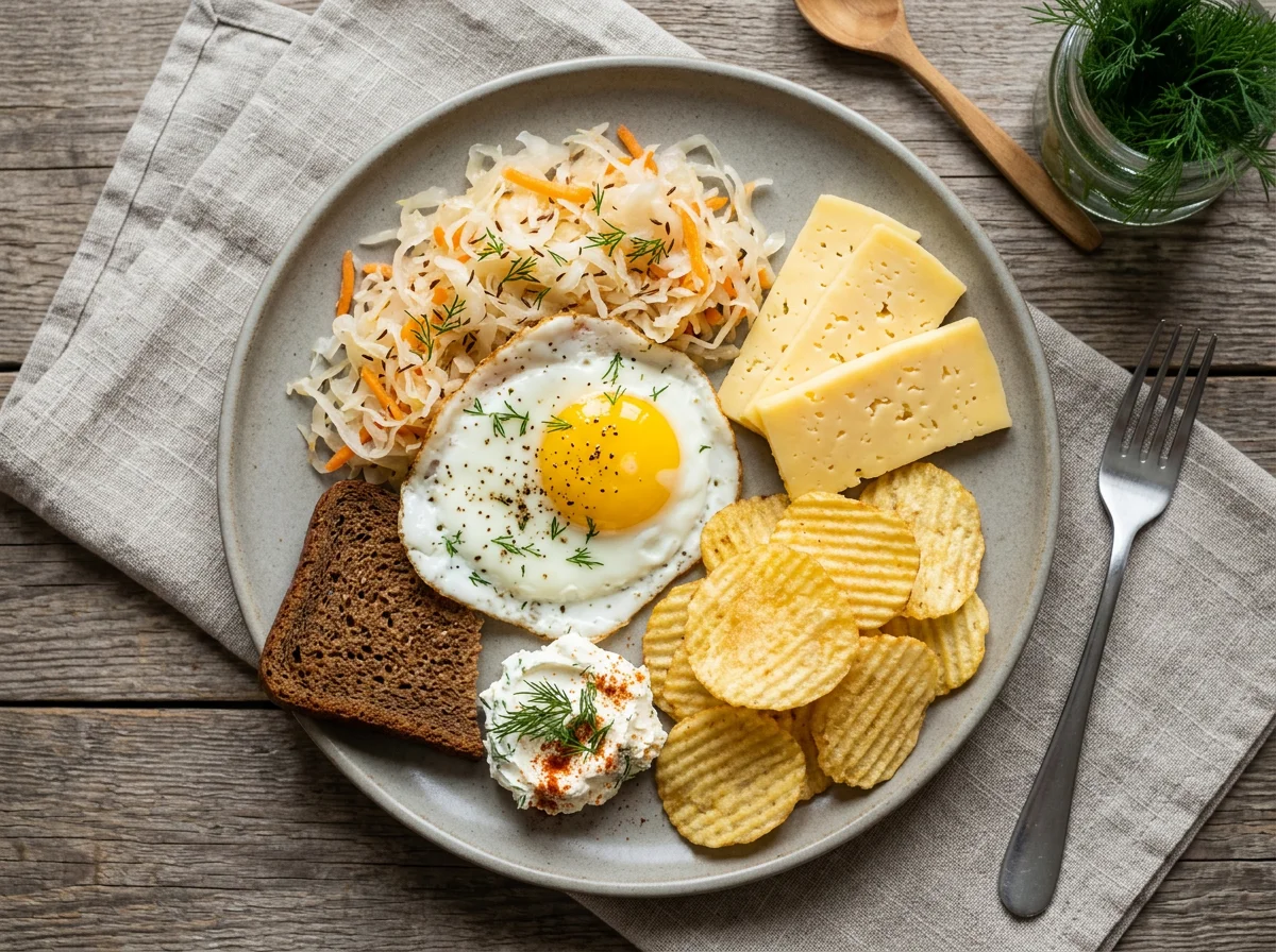 Завтрак с яйцами, сыром и квашеной капустой photo