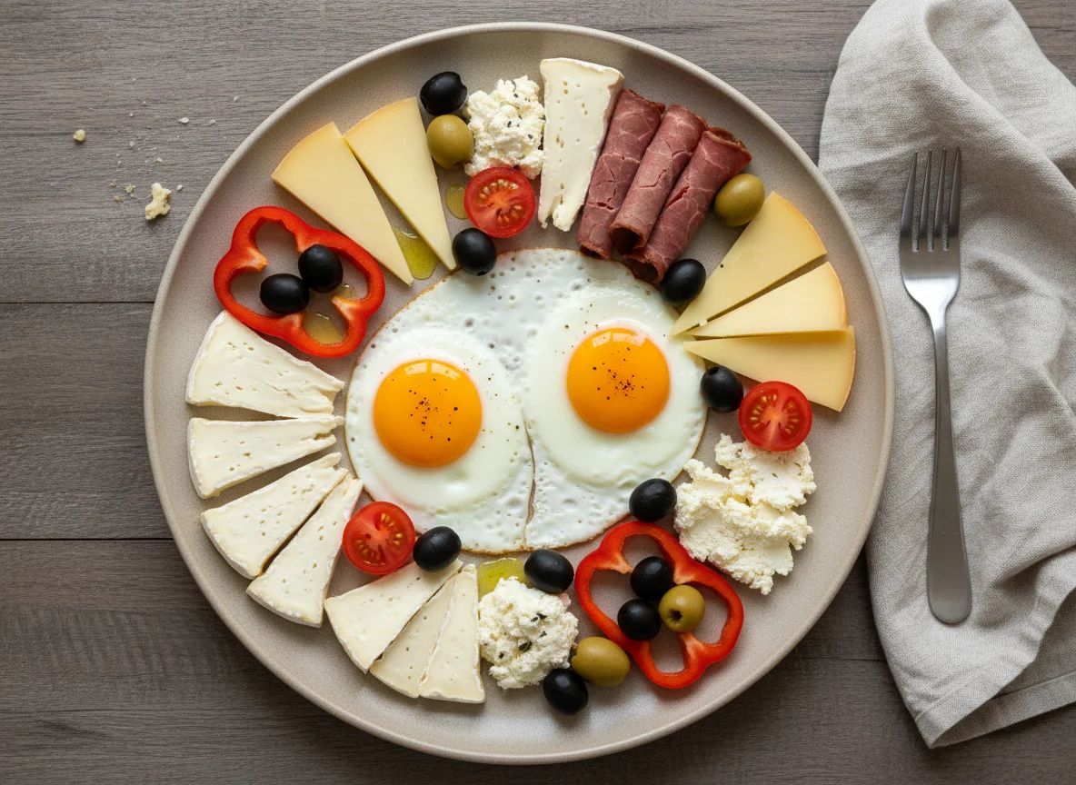 Завтрак с яйцами, сыром и мясными деликатесами photo