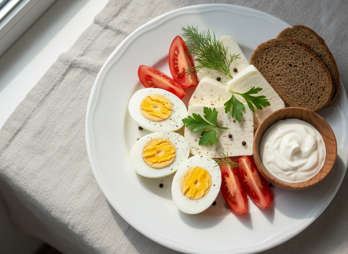 Завтрак с яйцами, сыром и помидорами photo