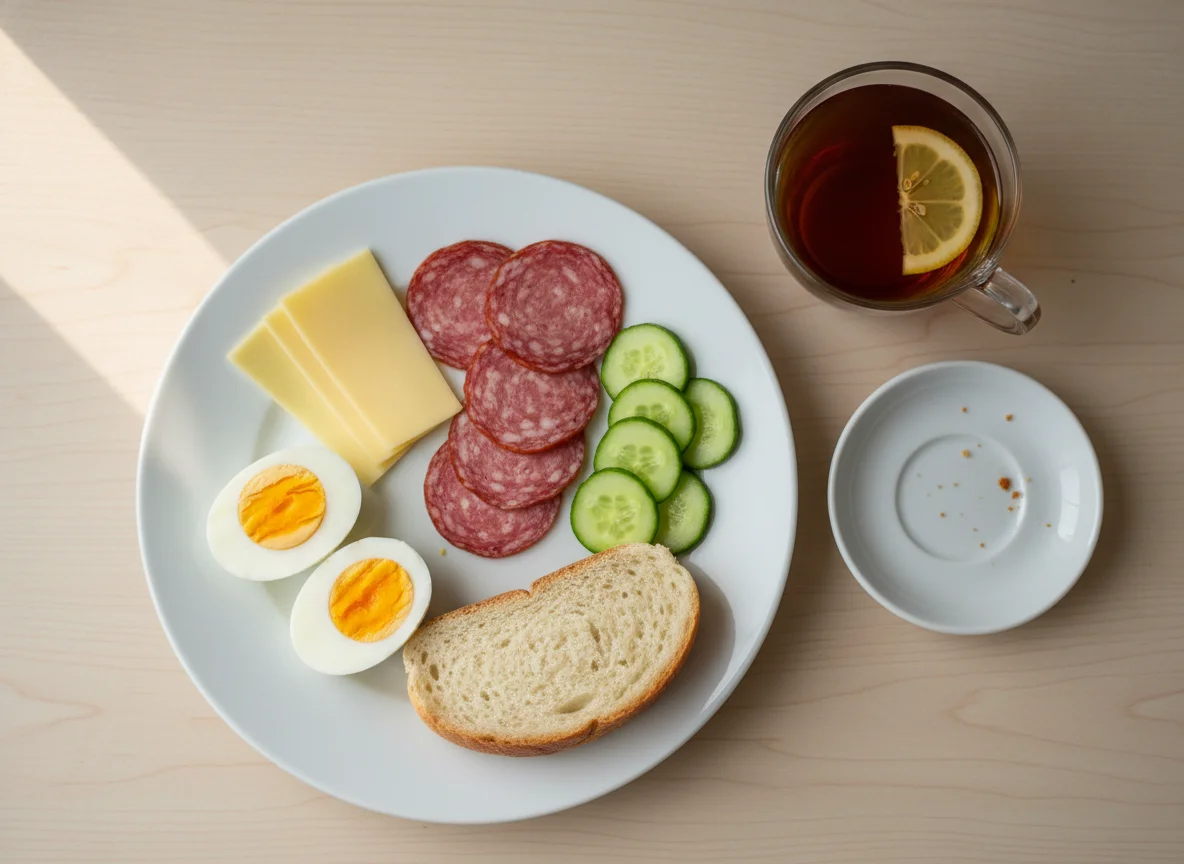 Завтрак с яйцами, сыром, колбасой и чаем photo