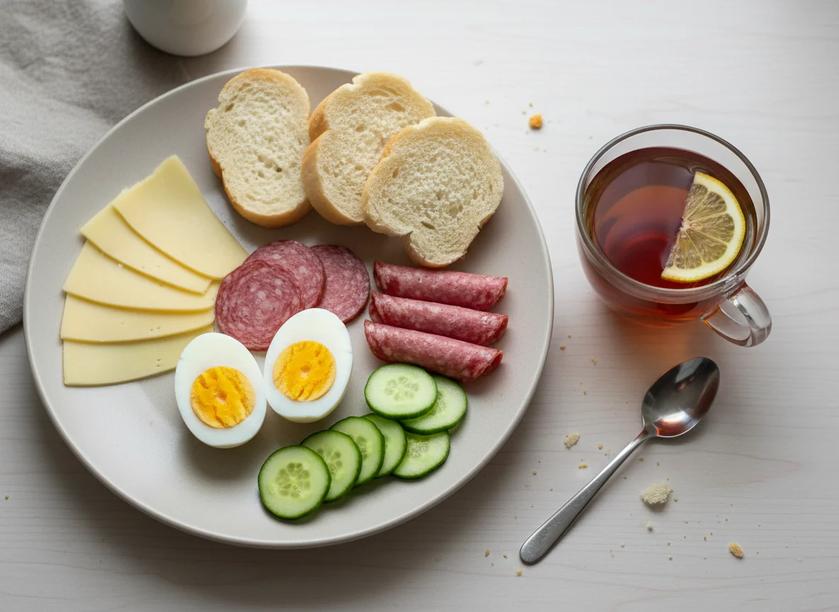 Завтрак с яйцами, сыром, колбасой и хлебом photo