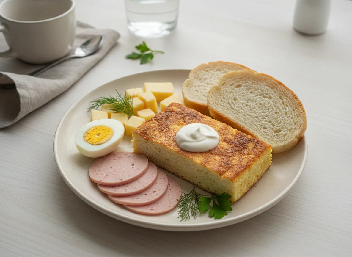 Завтрак с яйцами, сыром, колбасой и запеканкой photo