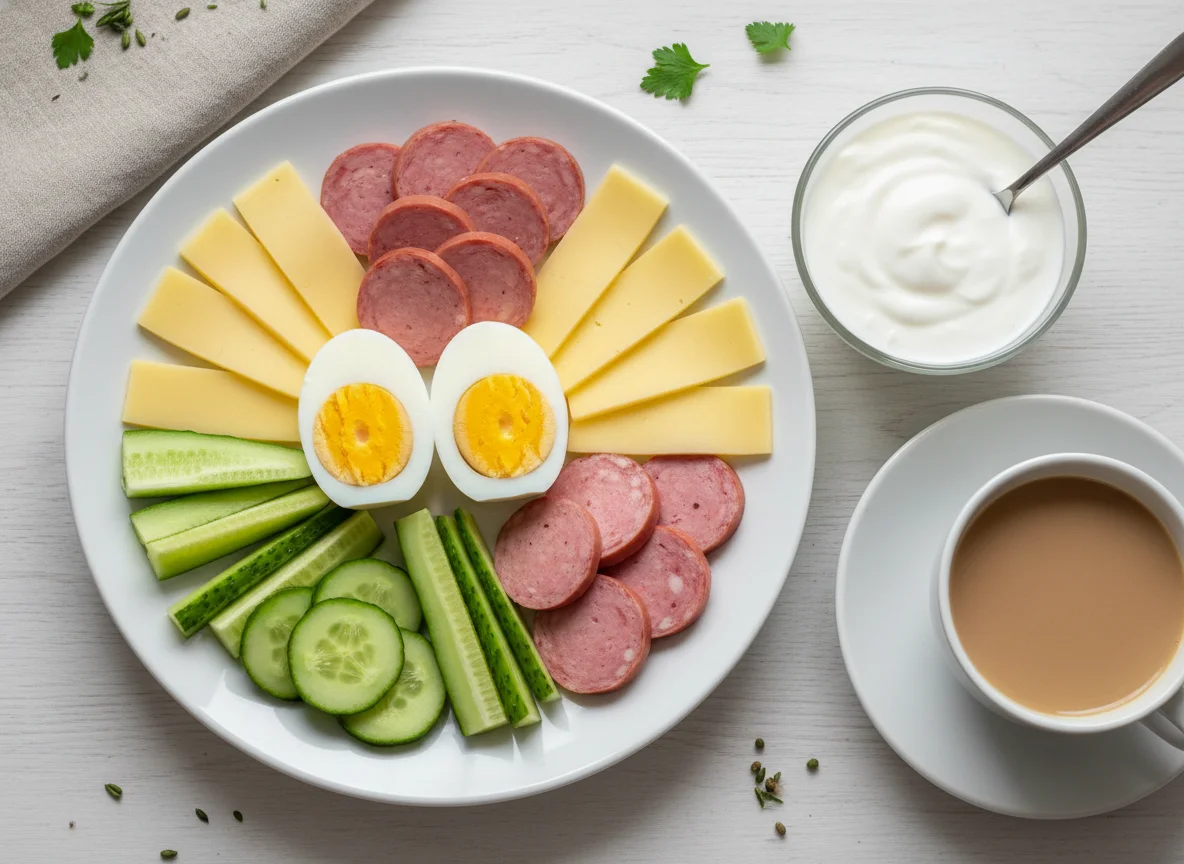 Завтрак с яйцами, сыром, колбасой, огурцами и йогуртом photo