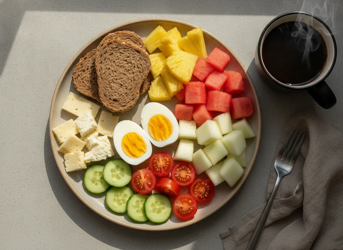 Завтрак с яйцами, сыром, овощами и фруктами photo