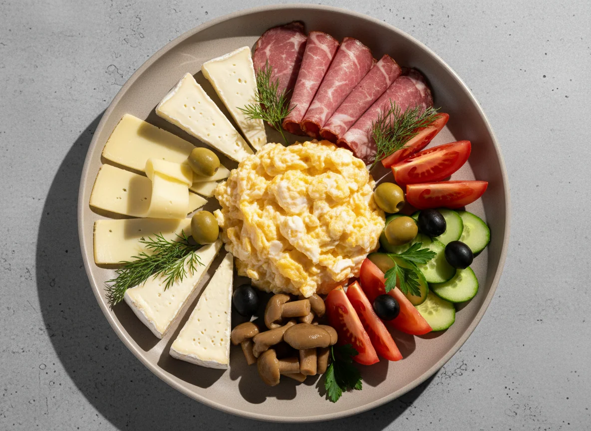 Завтрак с яйцами, сыром, овощами и мясом photo