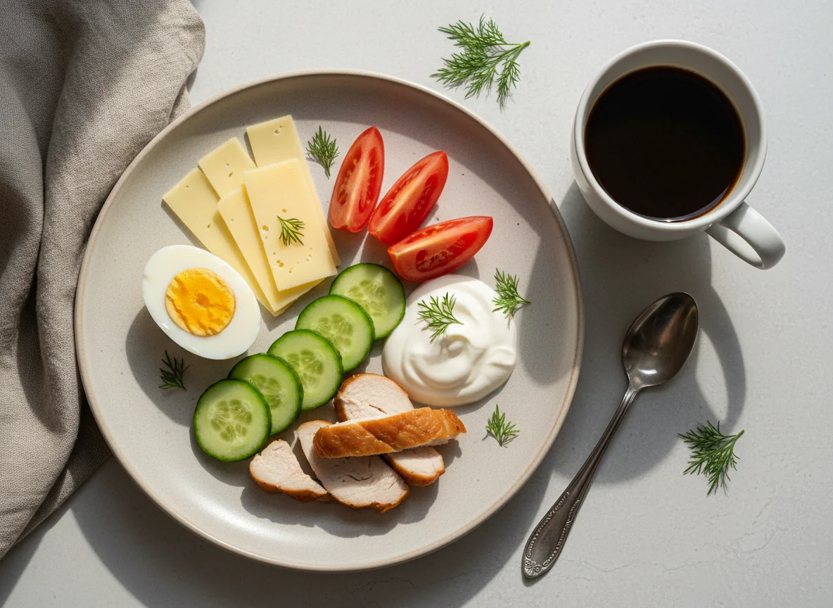 Завтрак с яйцами, сыром, овощами и сметаной photo