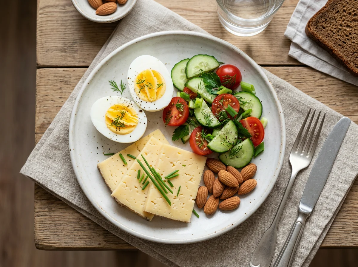Завтрак с яйцами, сыром, салатом и миндалем photo