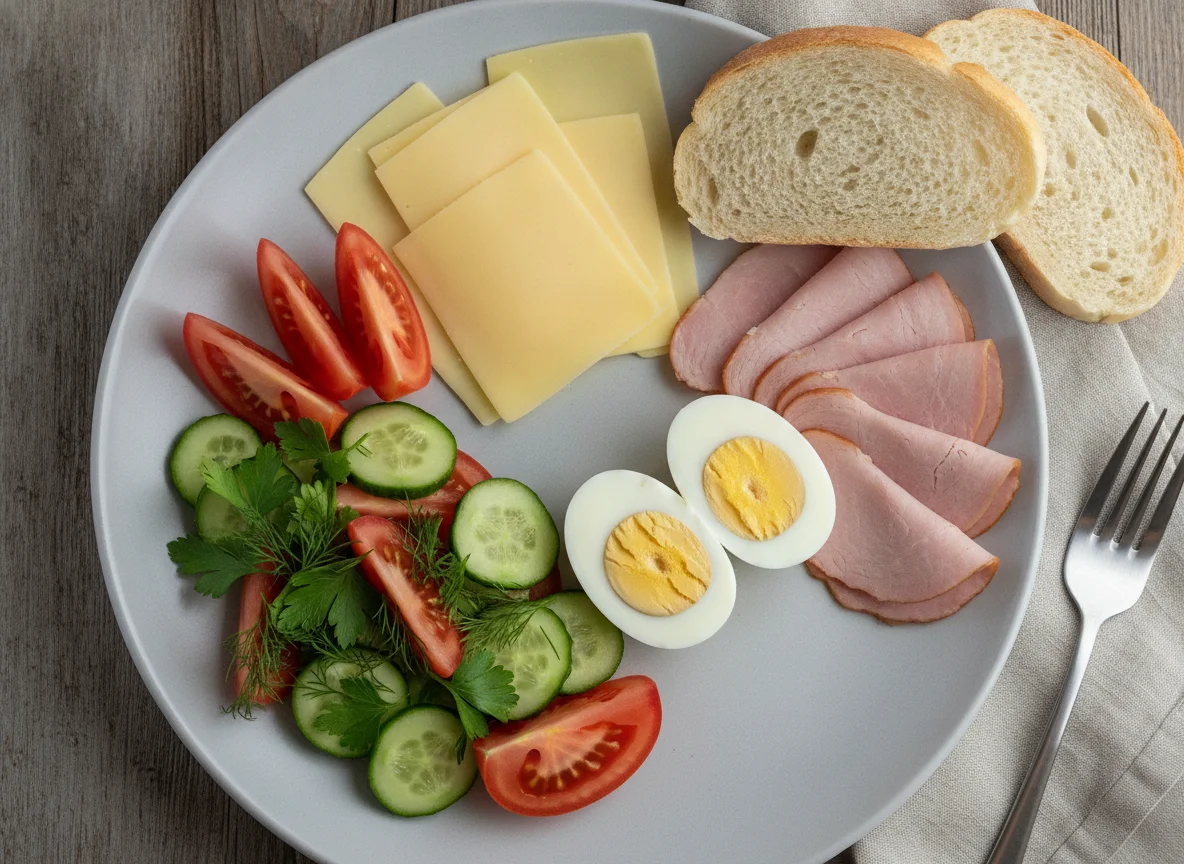 Завтрак с яйцами, сыром, ветчиной и овощным салатом photo