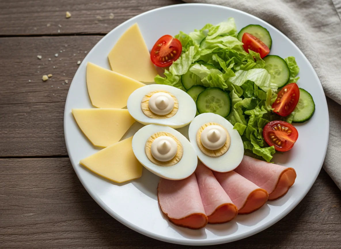 Завтрак с яйцами, сыром, ветчиной и салатом photo