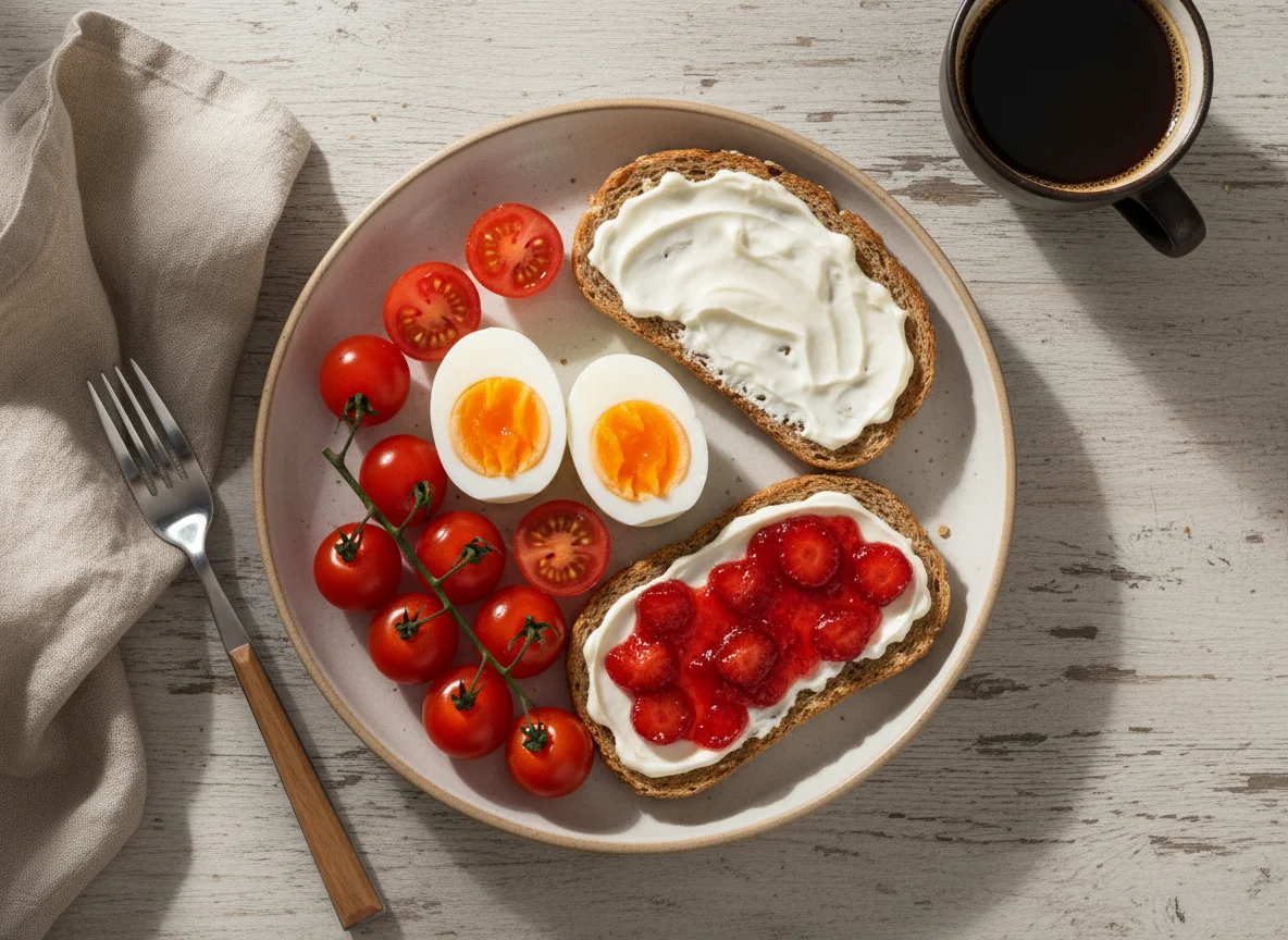Завтрак с яйцами, томатами и бутербродами photo