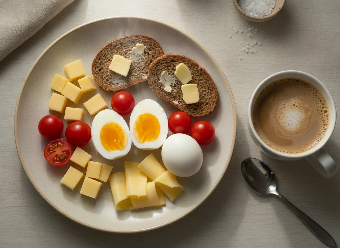Завтрак с яйцами, томатами, сыром и кофе photo