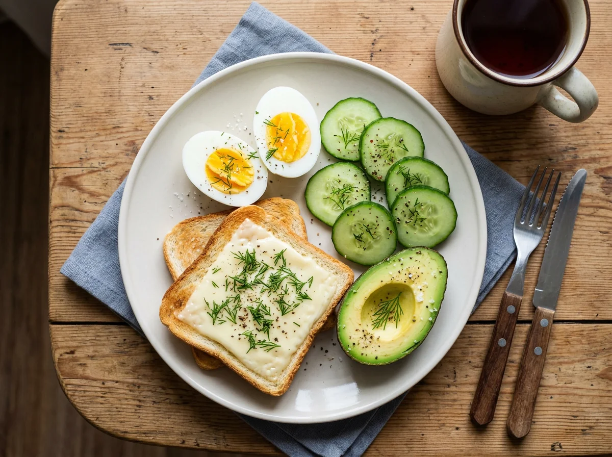Завтрак с яйцами, тостами и овощами photo