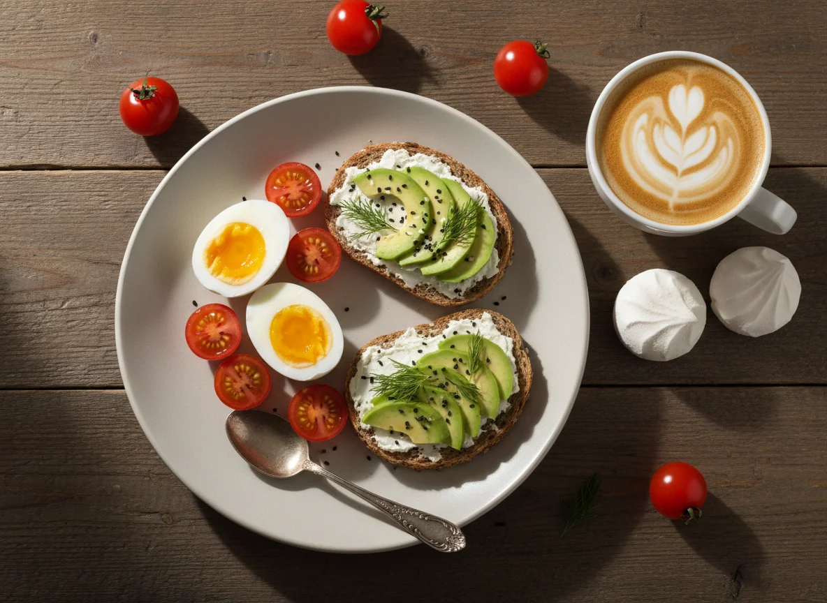 Завтрак с яйцами, тостами с авокадо и кофе photo