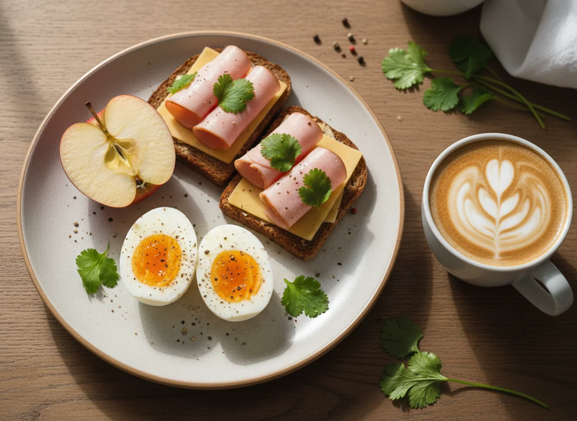 Завтрак с яйцами, тостом и кофе photo