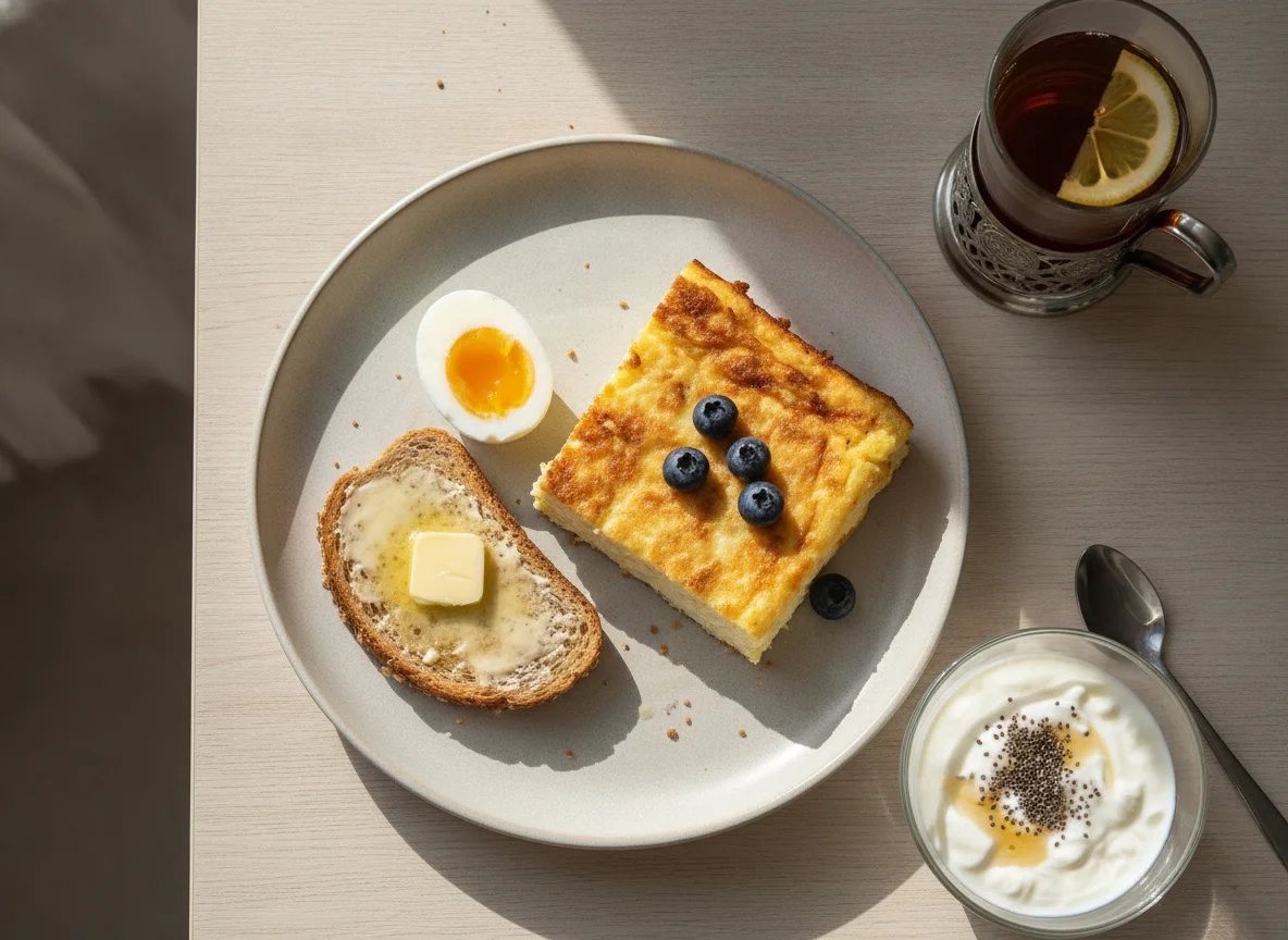 Завтрак с яйцами, тостом, запеканкой и напитками photo